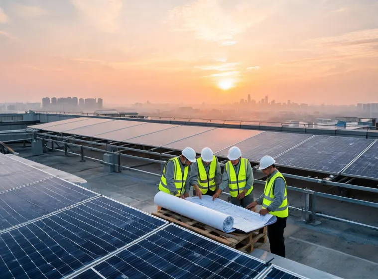 Commercial solar PV module installation at sunrise